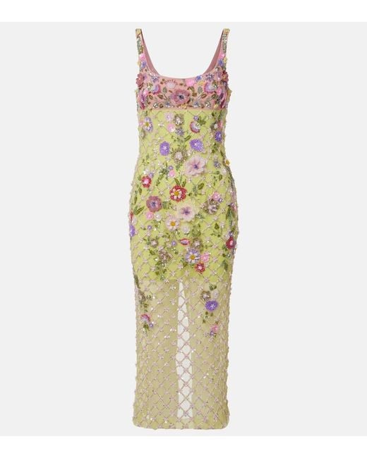 La Fuori Metallic Floral Embellished Mesh Cocktail Dress