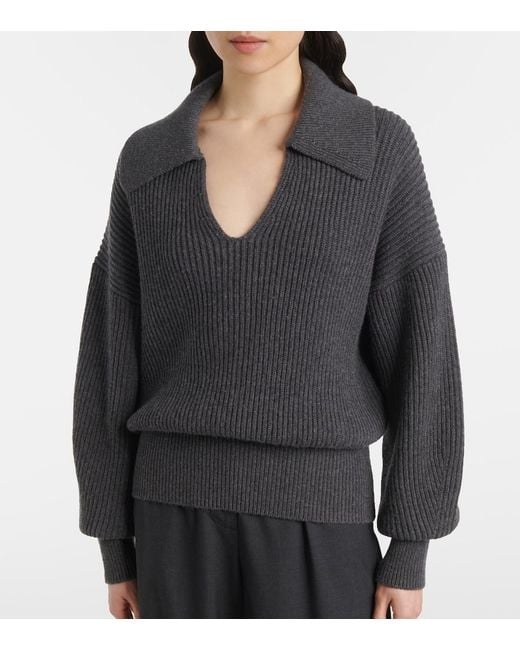 Joseph Black Ribbed-Knit Wool-Blend Polo Sweater