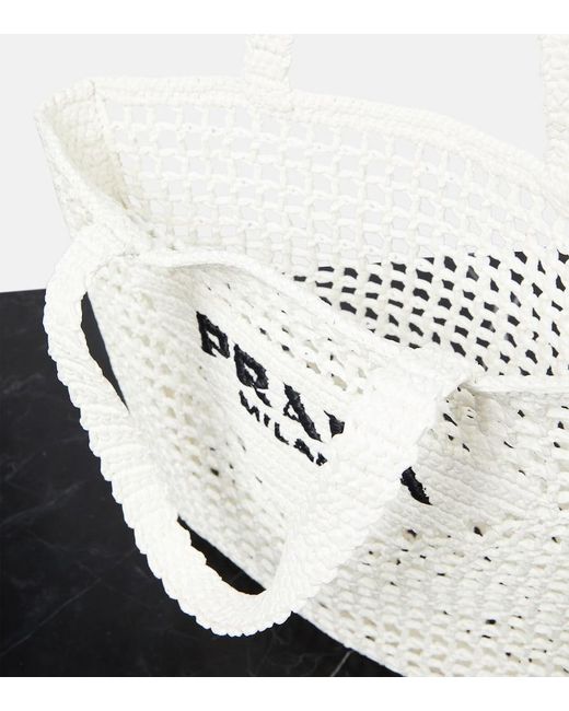 Prada White Small Raffia-Effect Crochet Shopper