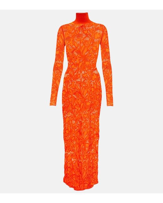 Alaïa Orange Alaia Lace Turtleneck Maxi Dress