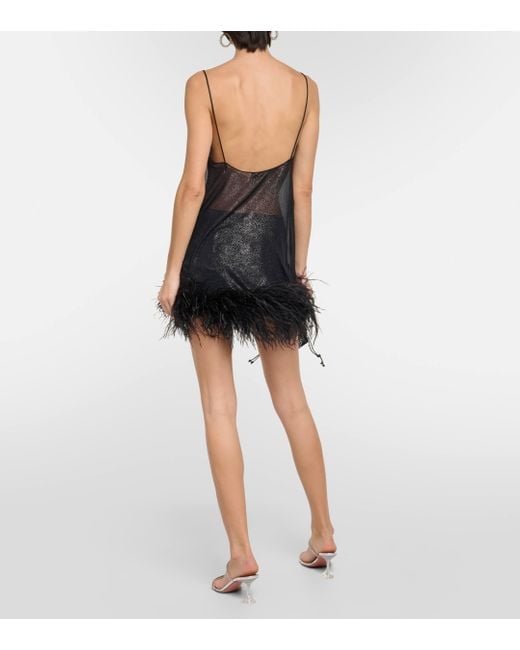 Oseree Black Feather-trimmed Minidress