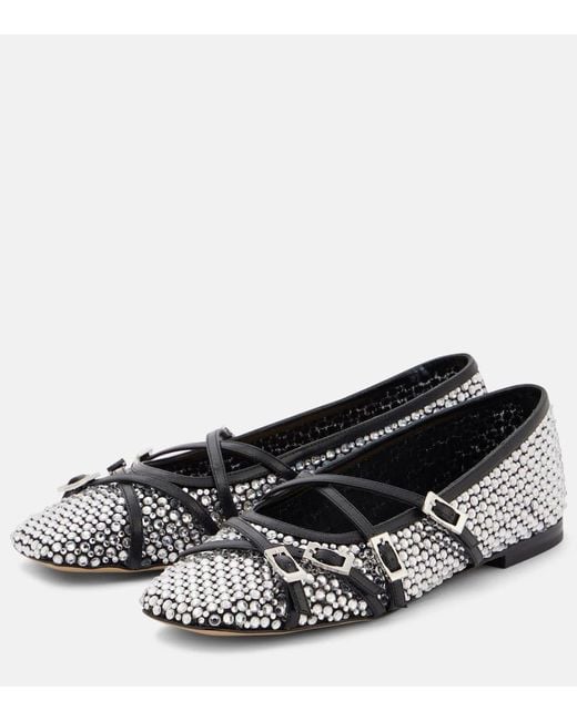 Mach & Mach Black Crystal-Embellished Mesh Ballet Flats