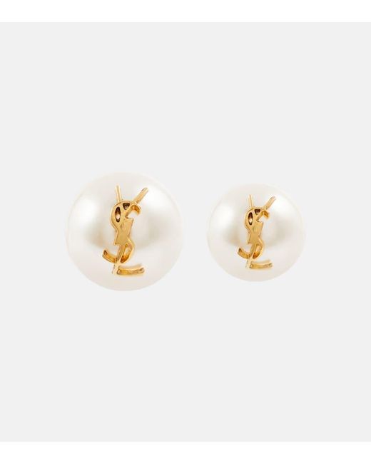 Saint Laurent Metallic Logo Faux Pearl Stud Earrings