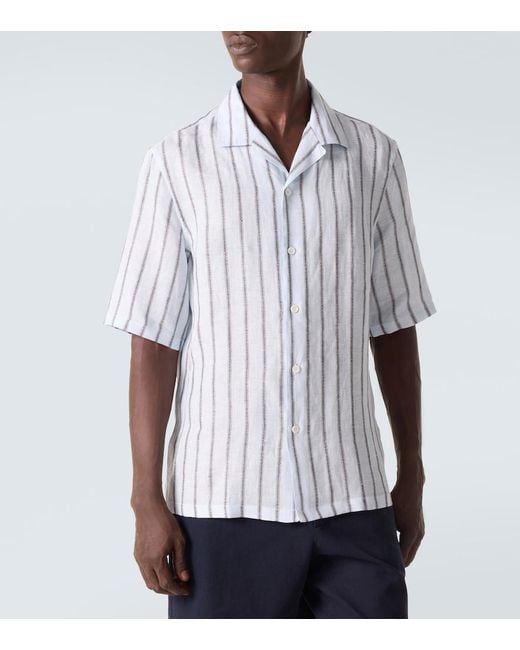 Brunello Cucinelli White Striped Linen Bowling Shirt for men