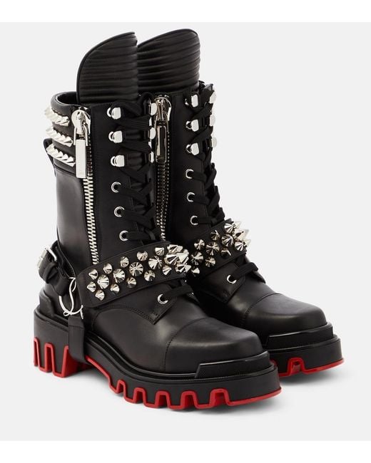Christian Louboutin Black Janetta Red Sole Spike Leather Biker Boots