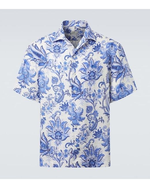 Etro Blue Paisley Linen Bowling Shirt for men