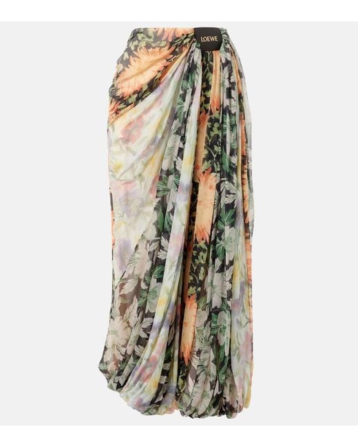 Loewe Metallic Floral Draped Silk Crepon Wide-Leg Pants