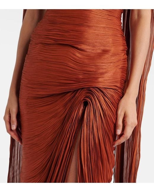 Marmar Halim Red Draped Pleated Scarf-Detail Bustier Gown