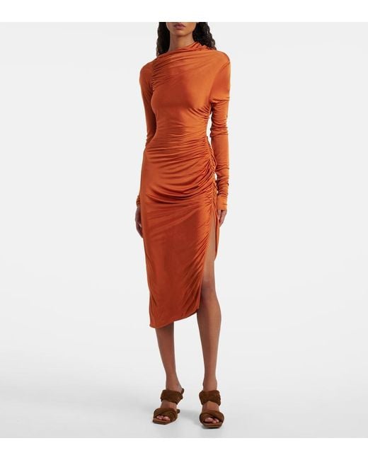 Rick Owens Orange Svita Ruched Satin Jersey Midi Dress