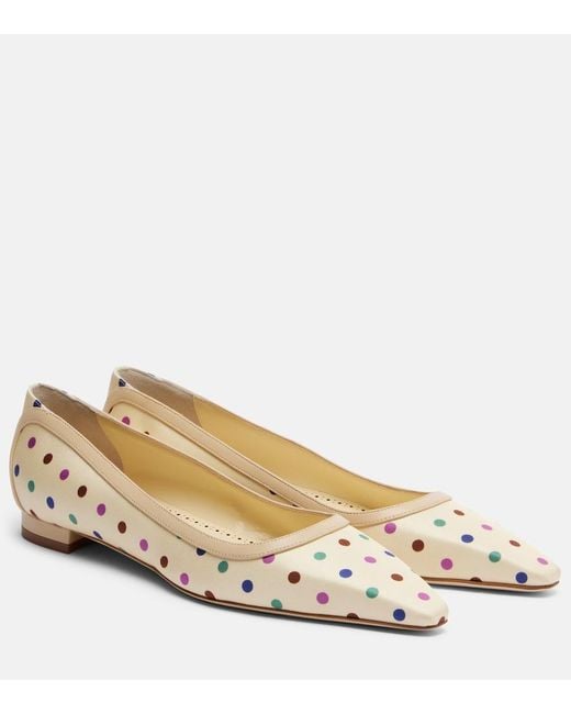Manolo Blahnik Natural Filotas Leather-Trimmed Polka-Dot Ballet Flats