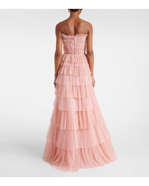 Costarellos Pink Trissa Plisse Tiered Tulle And Lace Gown
