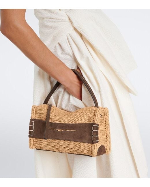 J.W. Anderson Brown Loafer Small Suede-Trimmed Raffia Top-Handle Bag
