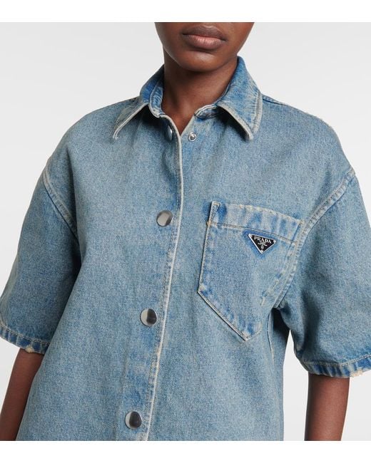 正規品 Prada Mid Blue Denim Shirt 21AW Prada Blue Denim Logo Shirt | Harrods UK
