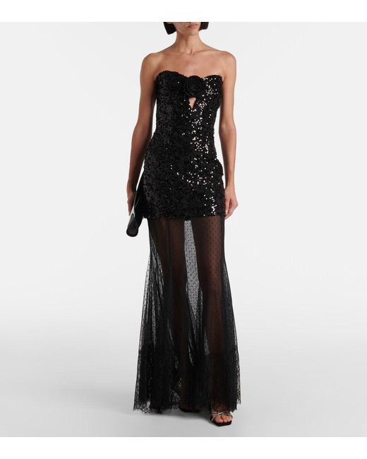 Rebecca Vallance Black Diana Sequined Mesh-Trimmed Gown