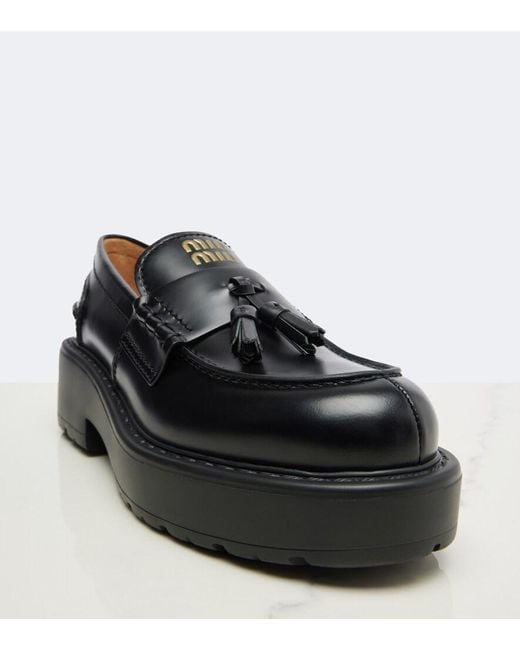 Miu Miu Black Leather Platform Loafers