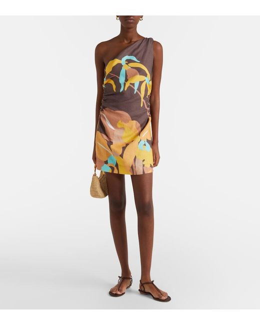 Faithfull The Brand Orange Marga Floral One-Shoulder Linen Minidress