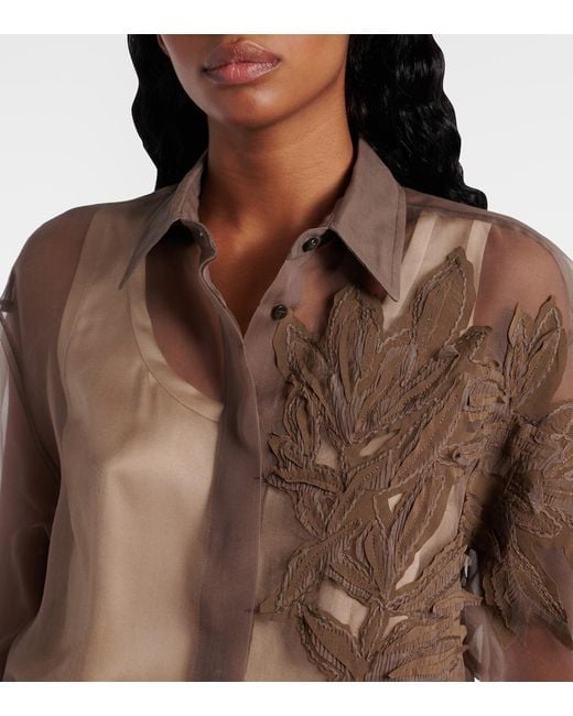 Brunello Cucinelli Brown Herbarium-Applique Silk Shirt