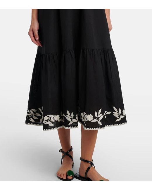 Juliet Dunn Black Besticktes Midikleid Aus Baumwolle Und Leinen