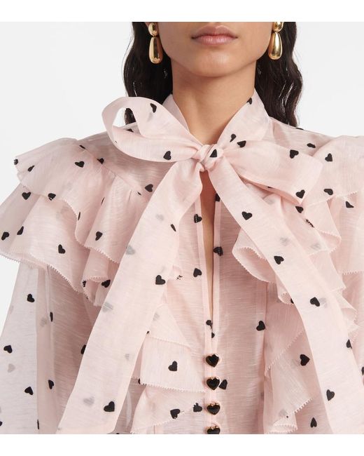 Pink Ruffle Neck Blouse Zimmermann Crush Embroidered Ruffled Linen-blend Blouse in Pink | Lyst