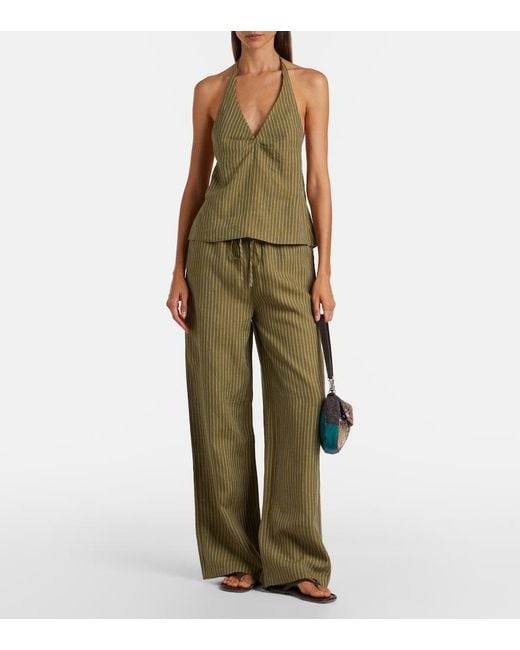 Staud Green Mateo Pinstripe Linen Wide-Leg Pants