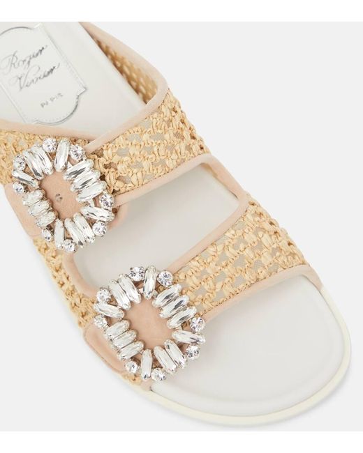 Roger Vivier Natural Flat With Raffia And Crystal Buckles For