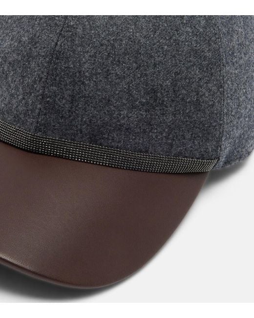 Brunello Cucinelli Gray Monili Leather And Virgin Wool Baseball Cap