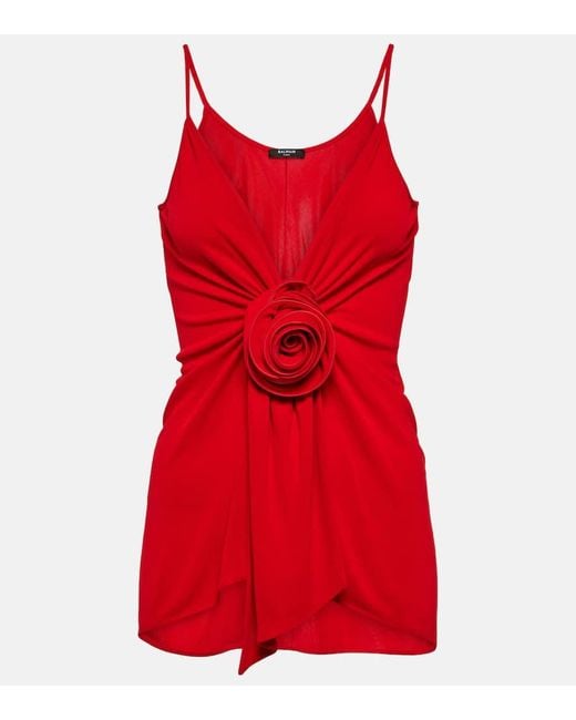 Top De Crepe Fruncido Con Aplique Floral Balmain de color Red