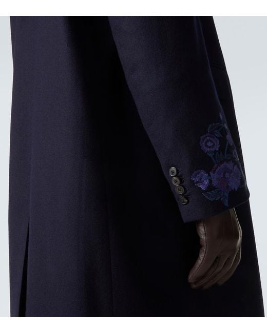 Dries Van Noten Blue Floral Double-Breasted Wool Coat for men
