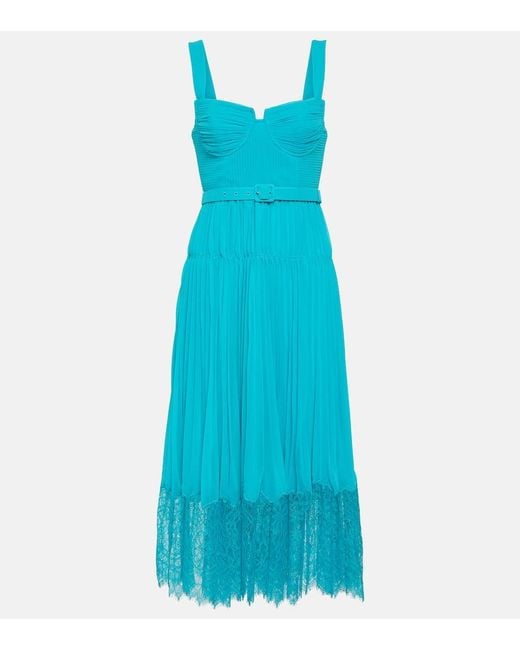 Self-Portrait Lace-Trimmed Chiffon Midi Dress in Blue | Lyst