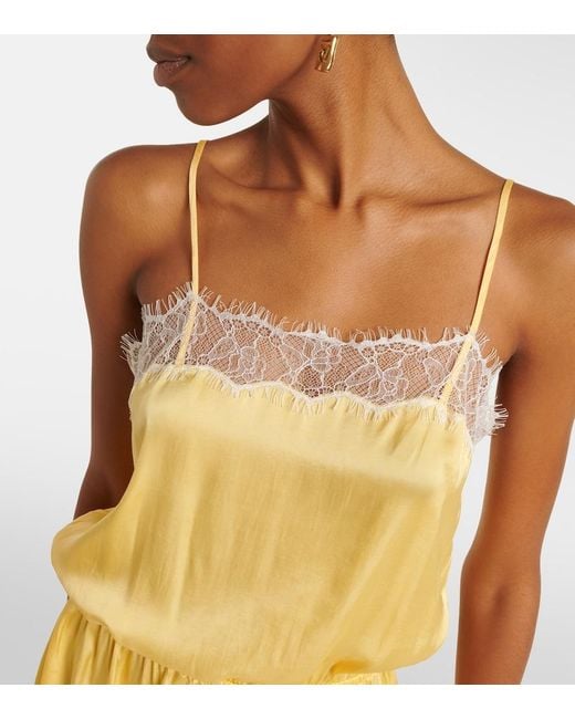 Poupette Yellow Silvia Lace-Trimmed Satin Romper