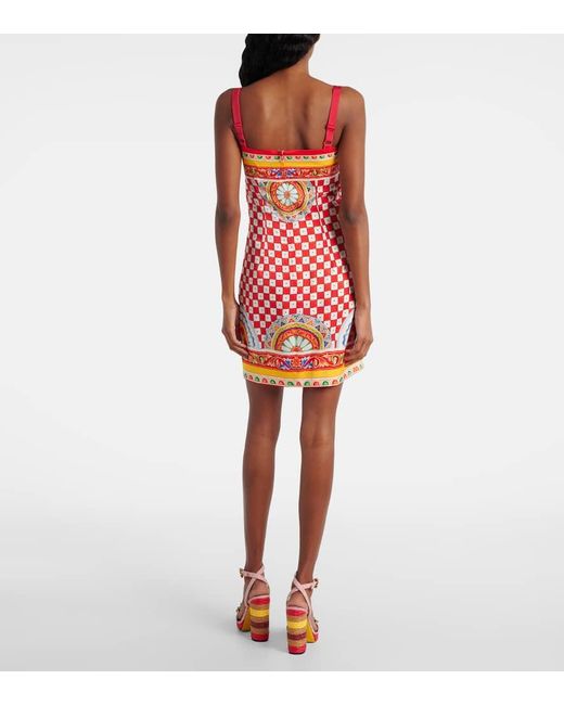 Vestido Corto En Mezcla De Seda Estampado Dolce & Gabbana de color Red