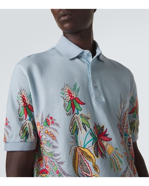 Etro Blue Printed Cotton Pique Polo Shirt for men