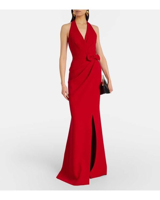 Elie Saab Red Bow-Detail Halterneck Silk-Blend Cady Gown