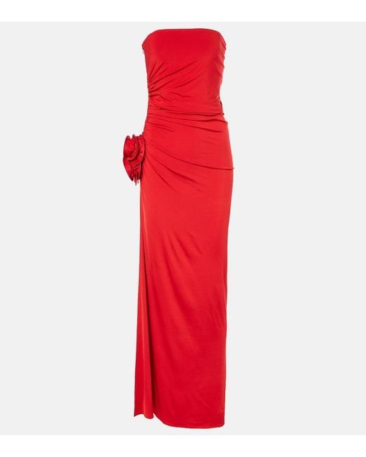 Magda Butrym Red Floral-Applique Ruched Jersey Maxi Dress