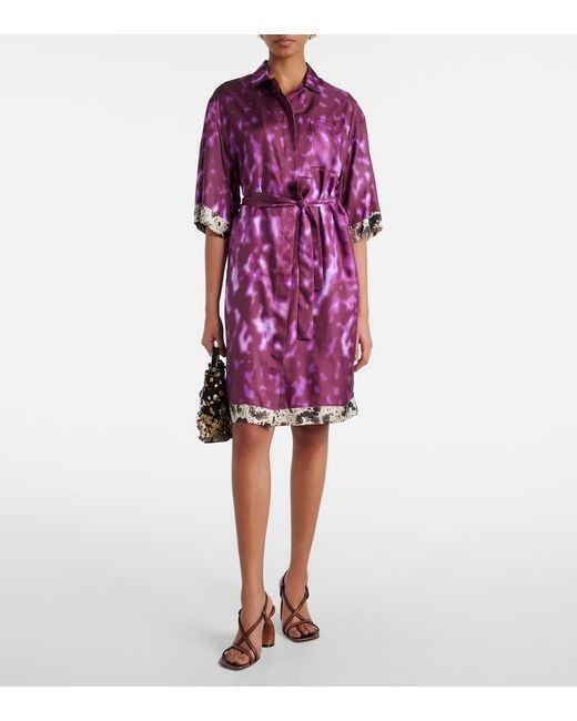 Dries Van Noten Purple Belted Printed Silk Shirt Dress
