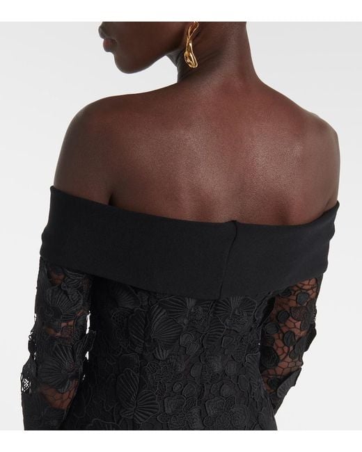 Oscar de la Renta Black Orchid Floral Guipure Midi Dress