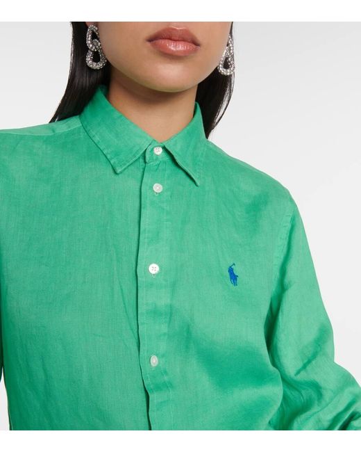 Camicia in lino con logo di Polo Ralph Lauren in Green
