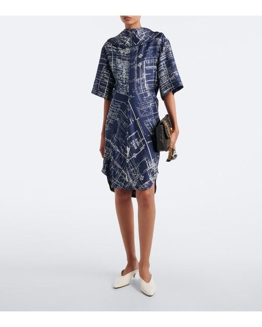 Bottega Veneta Blue Printed Silk Twill Midi Dress