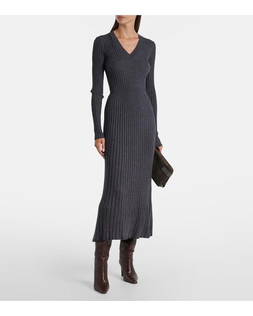 Brunello Cucinelli Blue Ribbed-Knit Virgin Wool Sweater Dress