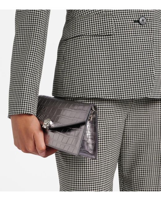 McQueen Gray Skull Mini Croc-Effect Leather Clutch