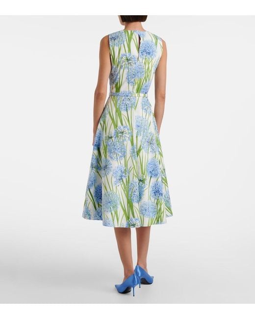 Oscar de la Renta Blue Floral Cotton-Blend Poplin Midi Dress