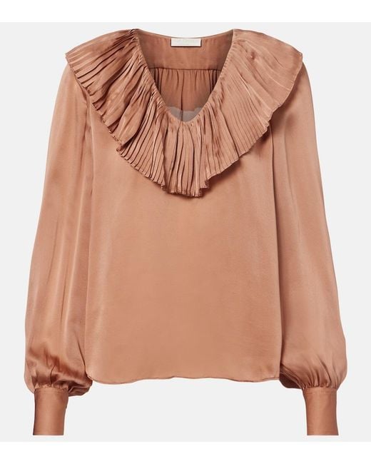Ulla Johnson Brown Liese Pleated Silk Satin Blouse