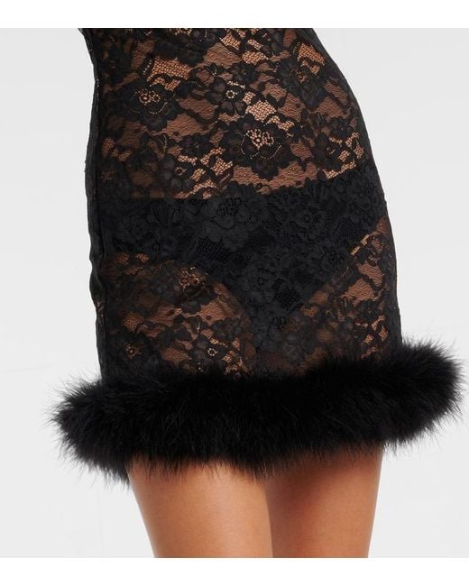 Oseree Black O-Lover Feather-Trimmed Minidress