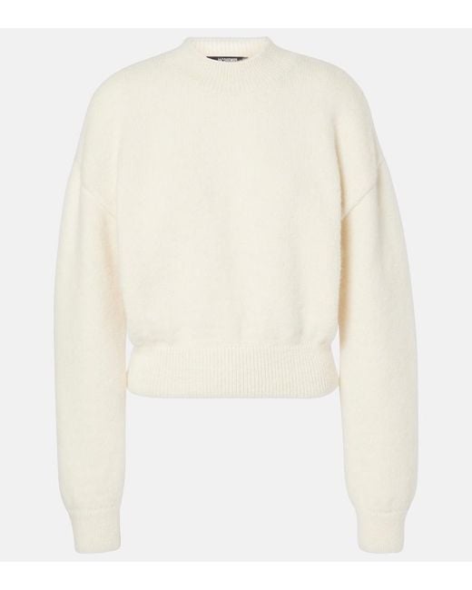 Jacquemus White Relaxed Fit Alpaca Blend Sweater With Tonal Logo
