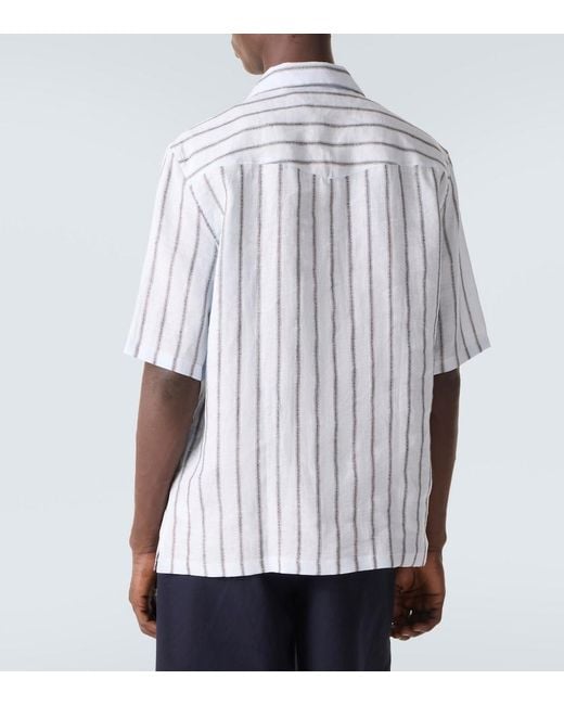 Brunello Cucinelli White Striped Linen Bowling Shirt for men