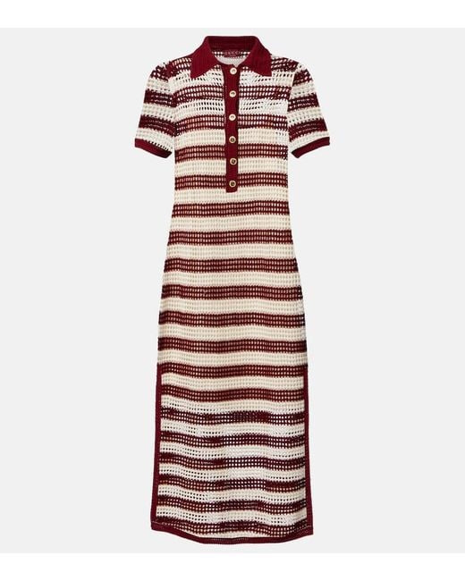 Gucci Red Open-Knit Striped Silk Polo Dress