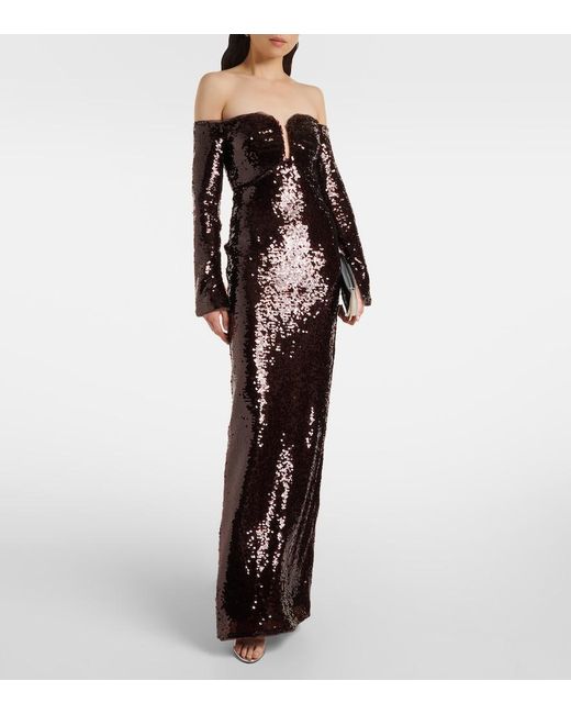 Self-Portrait Purple Off-Shoulder Sequined Gown