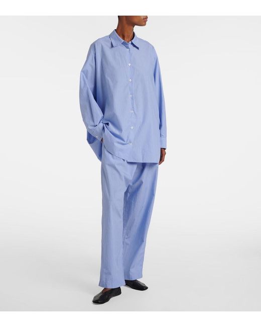 The Row Blue Orien Striped Cotton Wide-Leg Pants