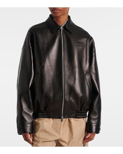 Veste En Cuir A Logo Miu Miu en coloris Black