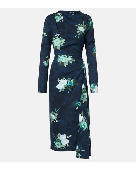 Erdem Blue Floral Stretch Cady Draped Midi Dress